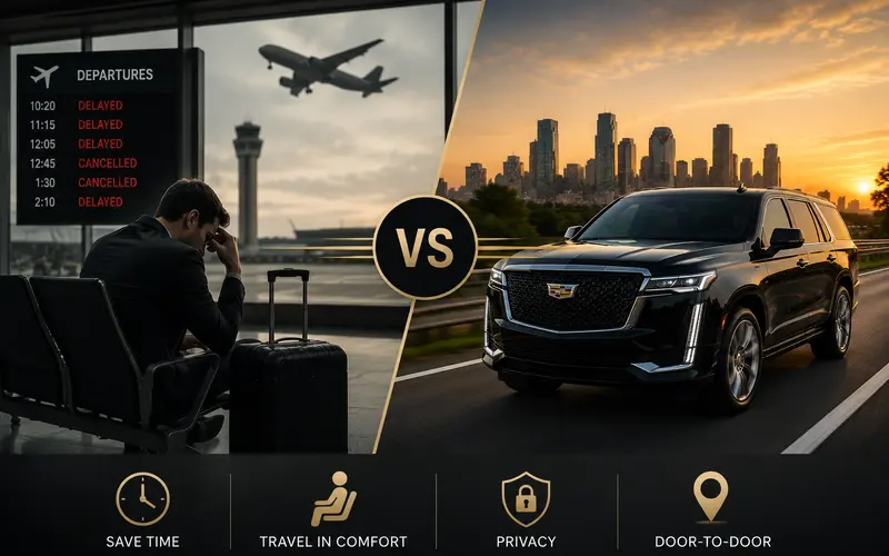 Split-screen travel comparison showing delayed regional flights versus luxury private SUV transportation between Houston and Texas cities, highlighting comfort, privacy, and reliable door-to-door travel.